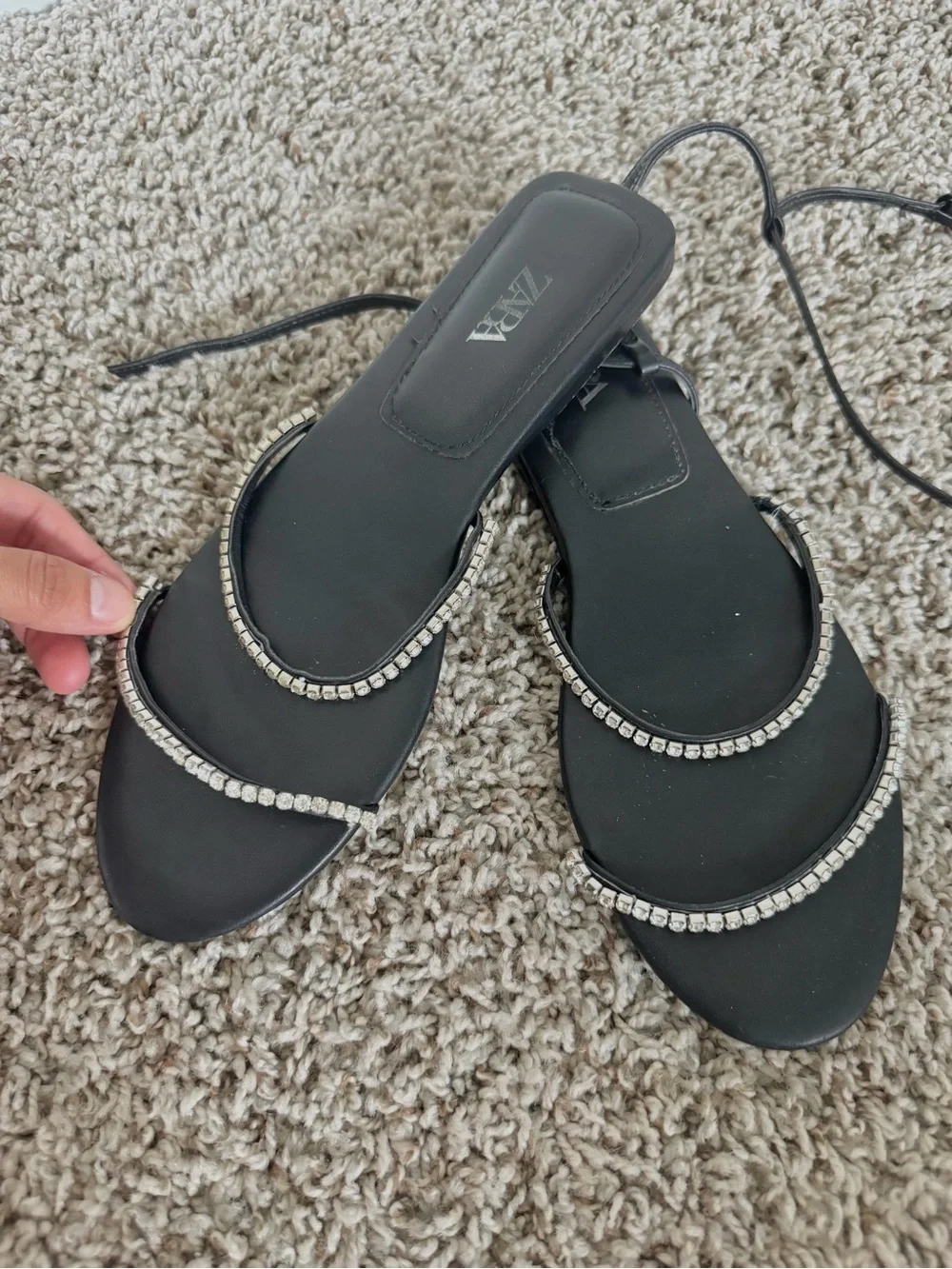 Zara Black Crystal-Strap Ankle-Secured Flat Sandals - Picture 5 of 6